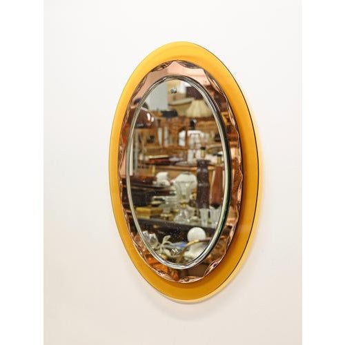 Glass Italian Oval Orange and Pink Beveled Mirror attributed to Antonio Lupi for Cristal Luxor, 1960s For Sale - Image 7 of 18