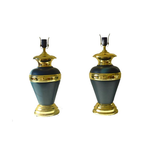 Metal Large Green and Gold Table Lamps, Set of 2 For Sale - Image 7 of 7