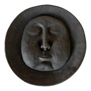 70's Vintage Moon Face Wall Art Pottery Sculpture For Sale