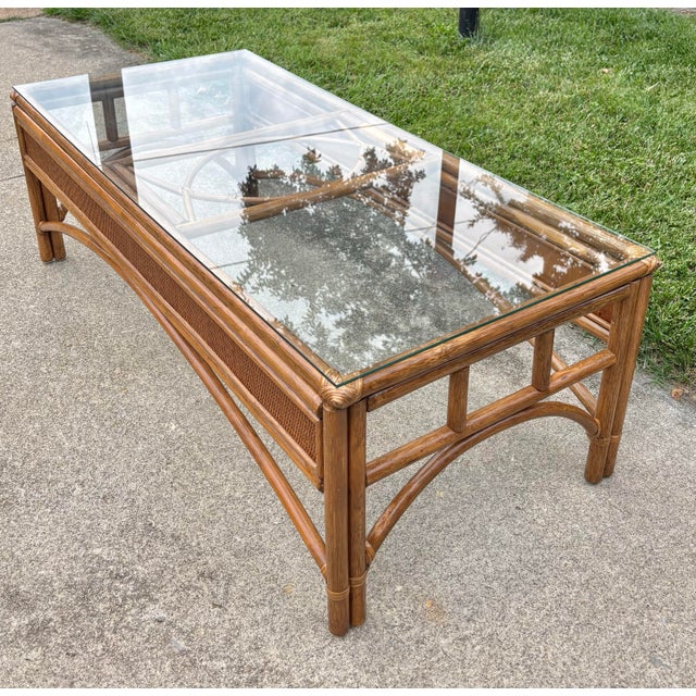1990s Vintage Coastal Bamboo Wicker Coffee Table With Glass Top, After McGuire For Sale - Image 9 of 11