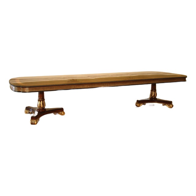 Large and Robust Neoclassical Mahogany Dining Table With Gold Leaf. New American Finish, Immaculate For Sale