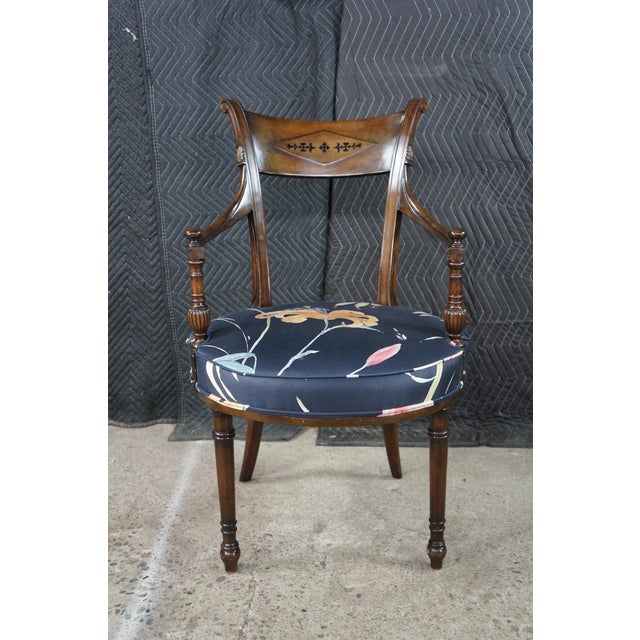 2 Antique English Sheraton Regency Style Mahogany Inlaid Floral Silk Arm Chairs For Sale - Image 4 of 18