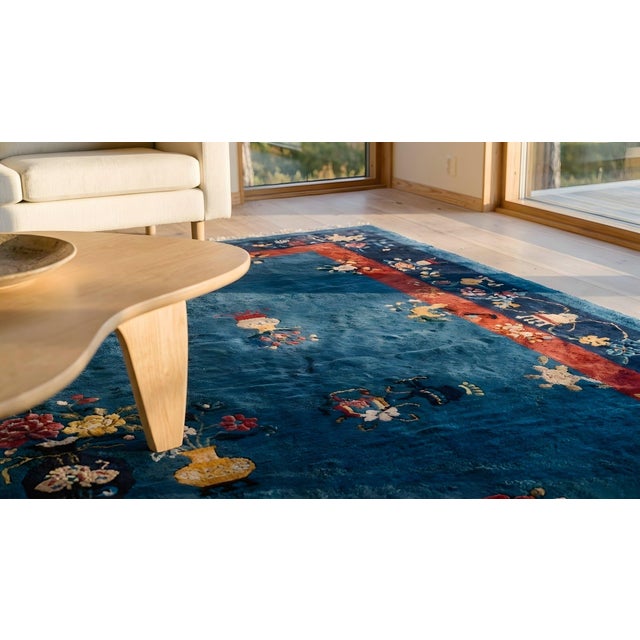 1920s Blue Vase Floral Antique Chinese Peking Rug 9' 1'' X11' 6'' Handknotted Wool Carpet For Sale - Image 11 of 12