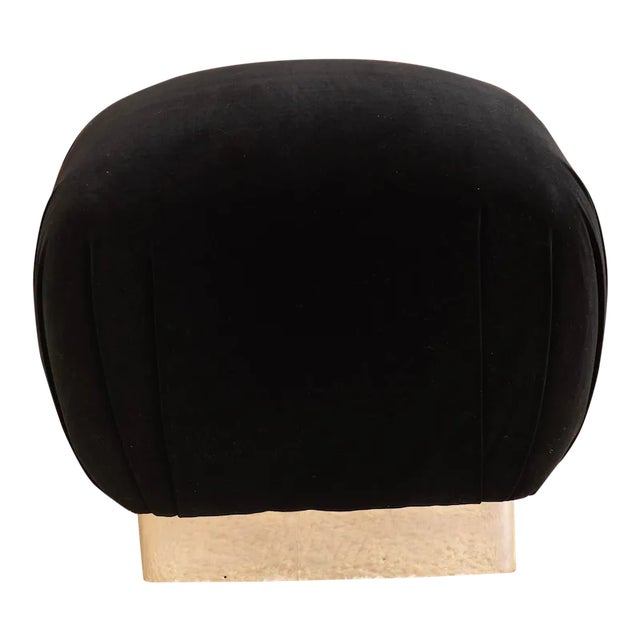 Karl Springer Style Soufflé Ottoman in Black Velvet With Chrome Base For Sale