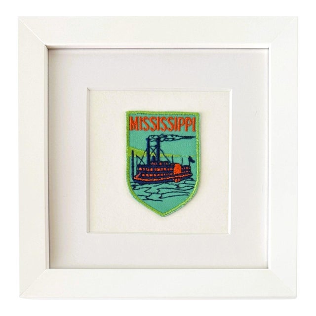 Mississippi Riverboat Vintage Travel Patch White Wood Framed For Sale