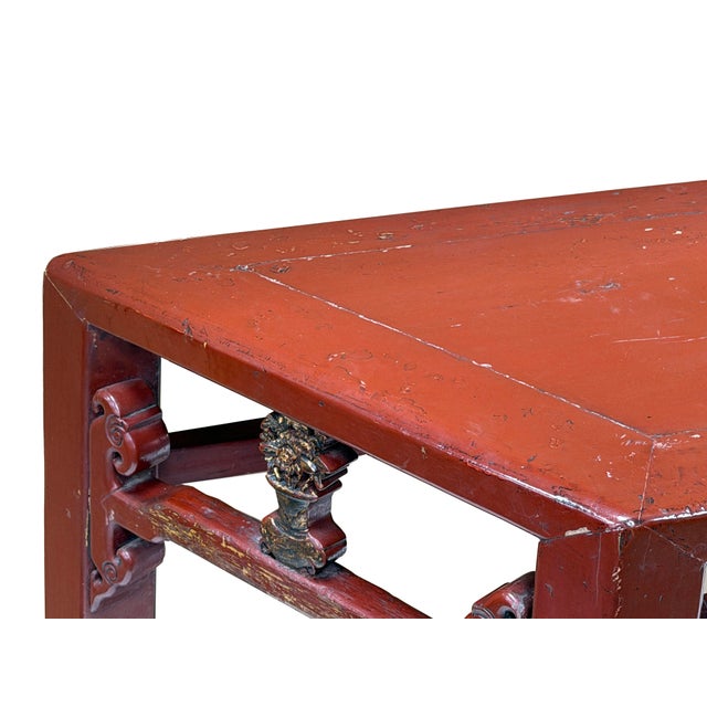 Distressed Reddish Brown Trapezoidal Geometric Lattice Panel Console Table For Sale - Image 10 of 13