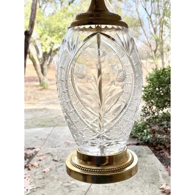 Dresden 1970s Vintage Pair of Cut Rose Flower Crystal Oval Gold Brass Lamps For Sale In Dallas - Image 6 of 12