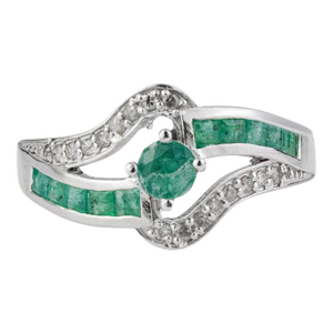 Contemporary Emerald and Diamond Bypass Ribbon Ring for Women, Size 7.5