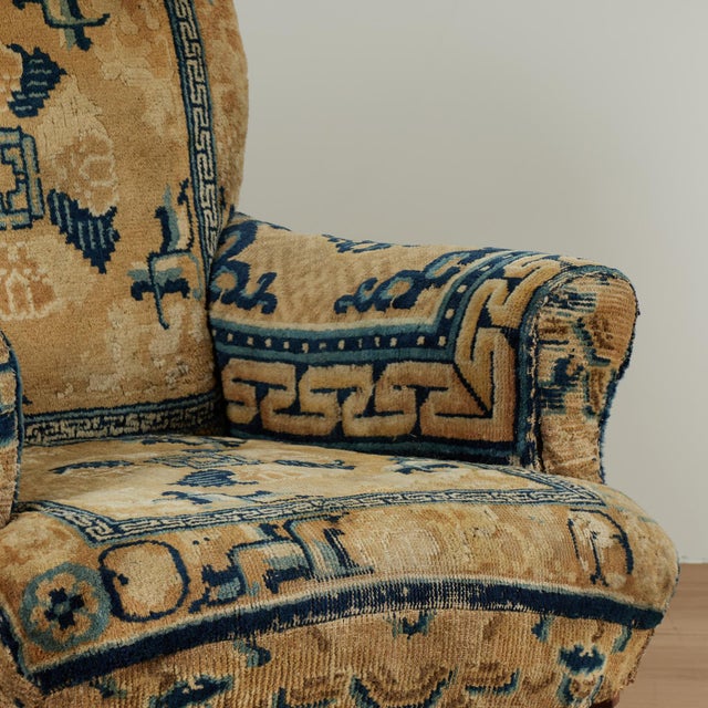 Victorian Antique English Victorian Armchair Upholstered in a Chinese Rug For Sale - Image 3 of 14