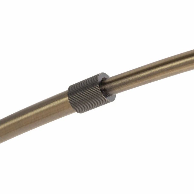 Metal Tambo Arc Floor Lamp - Dark Walnut Wood Finish, Weathered Brass, Tambour Base, White Linen Shade, Dimmer For Sale - Image 7 of 12