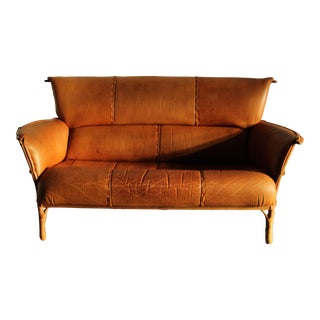 Pacific Green Distressed Leather and Palmwood "Navajo" Settee For Sale
