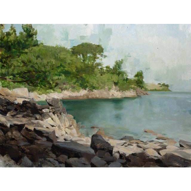 "Light Among Rocks" is an oil on panel painting by Jon Doran, completed in 2026. A small cove on the Cornish coast, with...