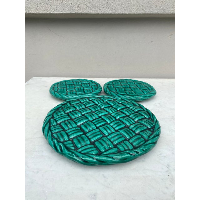 Set of 3 green Majolica pieces Vallauris 2 Wine Coasters and 1 trivet. Trivet size Diameter 8 inches , Height 0.5. Wine...