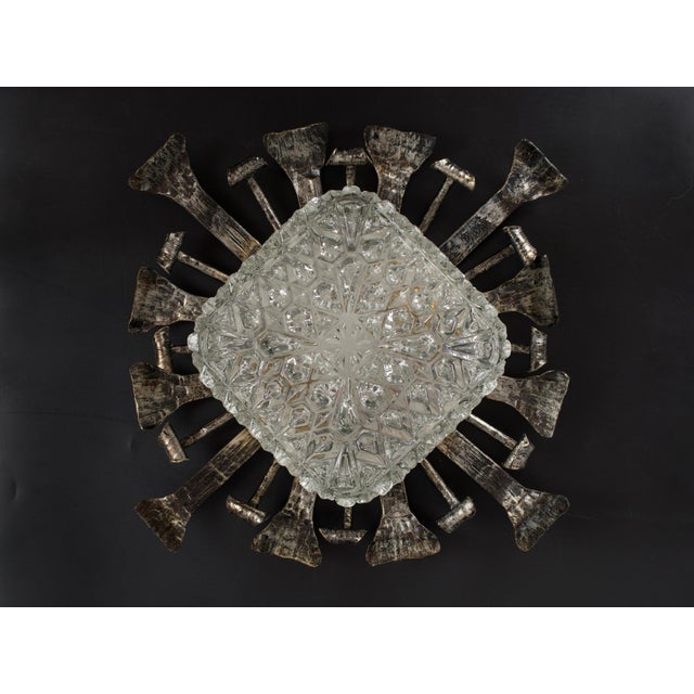 1950s Spanish Brutalist Flush Mount Ceiling Light – Silvered Wrought Iron & Heavy Embossed Glass For Sale - Image 10 of 14
