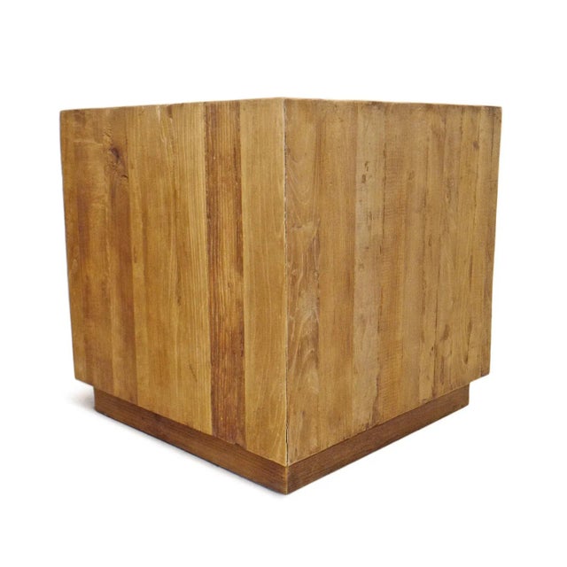 Salvaged elm wood cube side table with chevron design on top. Each will have variations in wood tones, grain, and natural...