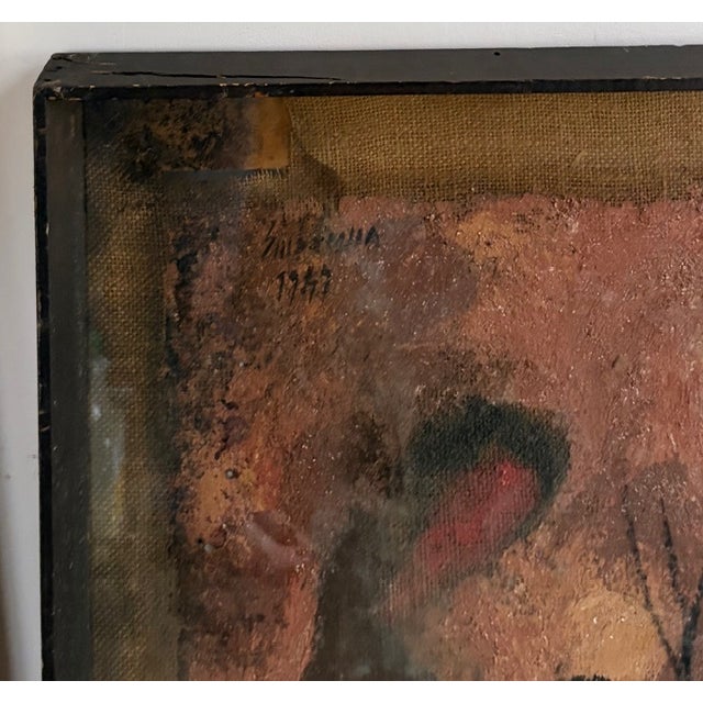 Original Mid Century Salvatore Emblema Painting on Jute - Two Figures and a Building, Signed For Sale In New York - Image 6 of 8