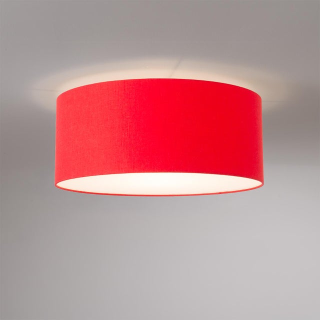 Mid-Century Modern Stretch Flush Mount Ceiling Light 22" D - Linen Drum Shade, Weathered Brass Canopy, Dimmable, Bulb Included For Sale - Image 3 of 4