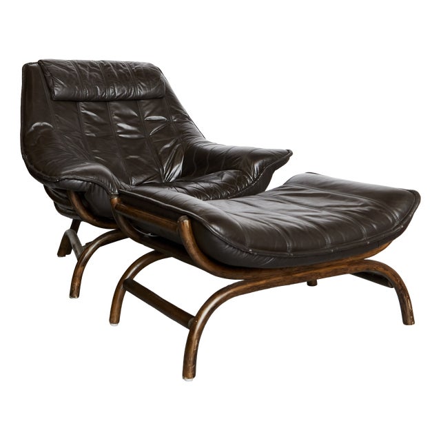 Set of Bamboo and Leather Lounge Chair and Ottoman, 1970s For Sale