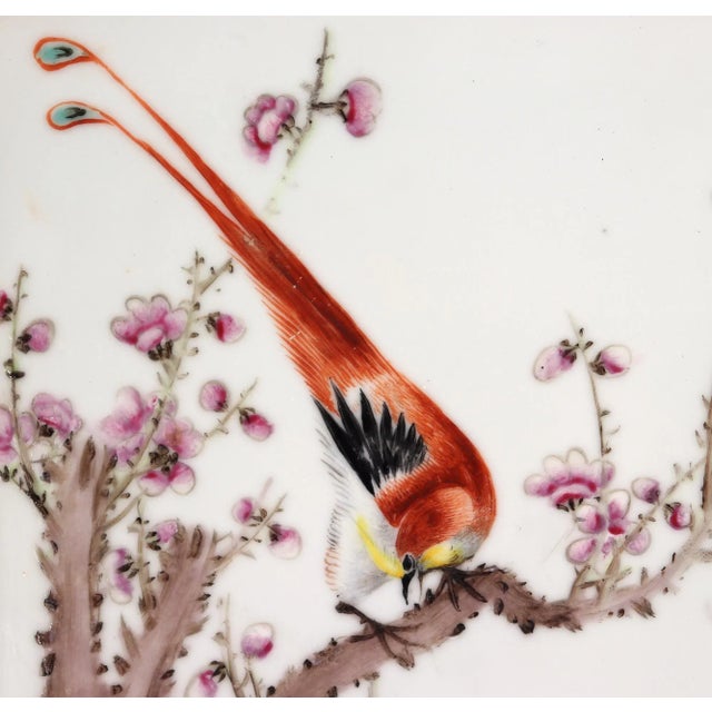 Chinese Famille Rose Plaque, Long-Tailed Bird on Flowering Peach Branch For Sale - Image 4 of 8