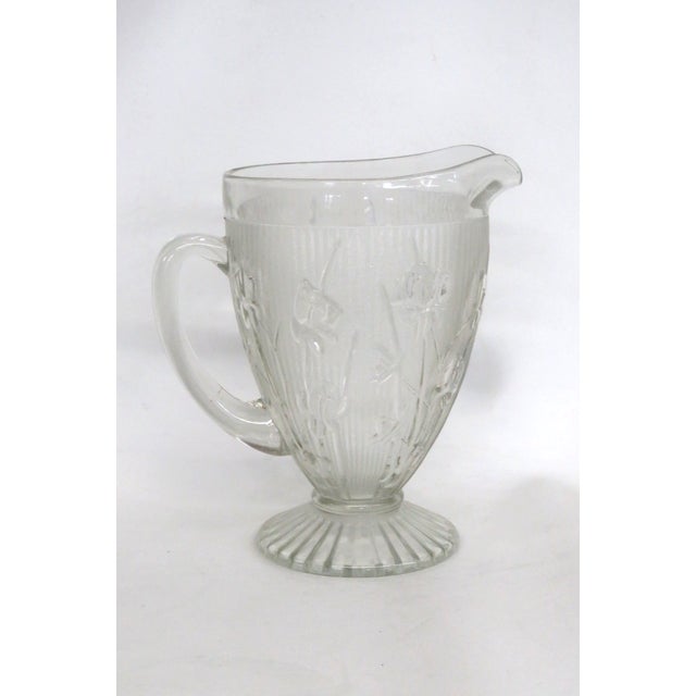 Art Deco Jeannette Iris and Herringbone Footed Pitcher Clear Glass Embossed Design 4863b For Sale - Image 3 of 15