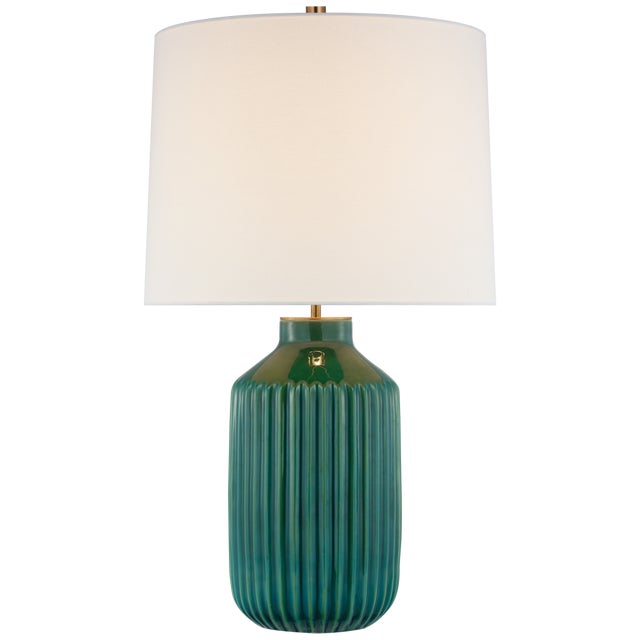 Visual Comfort Kate Spade New York for Visual Comfort Signature Braylen Medium Ribbed Table Lamp in Emerald Green Crackle with Linen Shade For Sale - Image 4 of 6