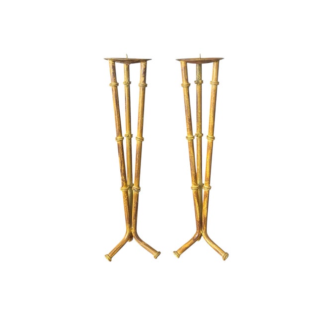 Pair Faux Bamboo Candle Holders For Sale - Image 4 of 4