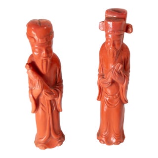 Early 20th Century Pair of Chinese Carved Coral Immortal Figures For Sale