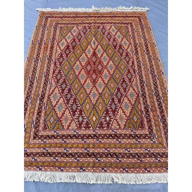 High Quality Gold Mushwani Hand-Woven Kilim Rug - 6'2" X 4'9" For Sale - Image 6 of 12