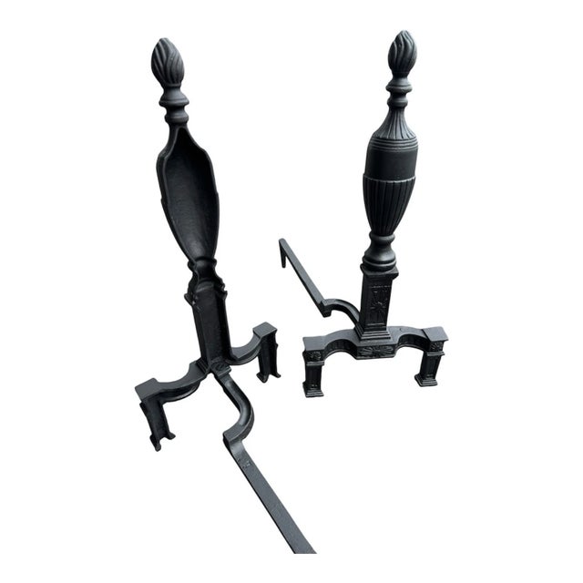 1920s Pair of 1920s Neoclassical Cast Iron Fireplace Andirons With Urn Finials For Sale - Image 5 of 17