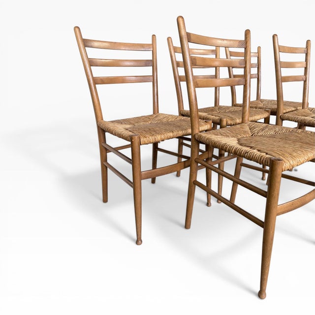 Brown Vintage Rush Seat Ladderback Dining Chairs by Gio Ponti, 1970s For Sale - Image 8 of 10