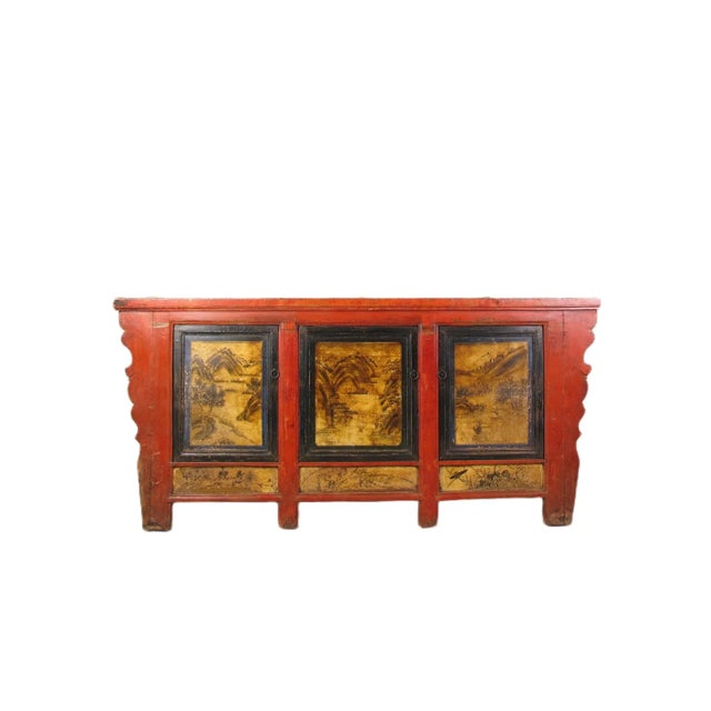 Late 19th Century Hand Painted 78" Long Red Gansu Sideboard Cabinet For Sale - Image 13 of 13