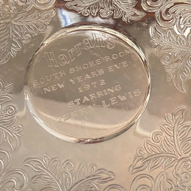 1970s Jerry Lewis Round Pedestal Silver Plated Oneida Harrah’s New Year’s Eve Platter 1972 For Sale - Image 5 of 11