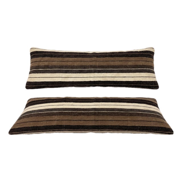 Brown Striped Kilim Lumbar Pillow Cover 15'' X 45'' - Set of Two For Sale
