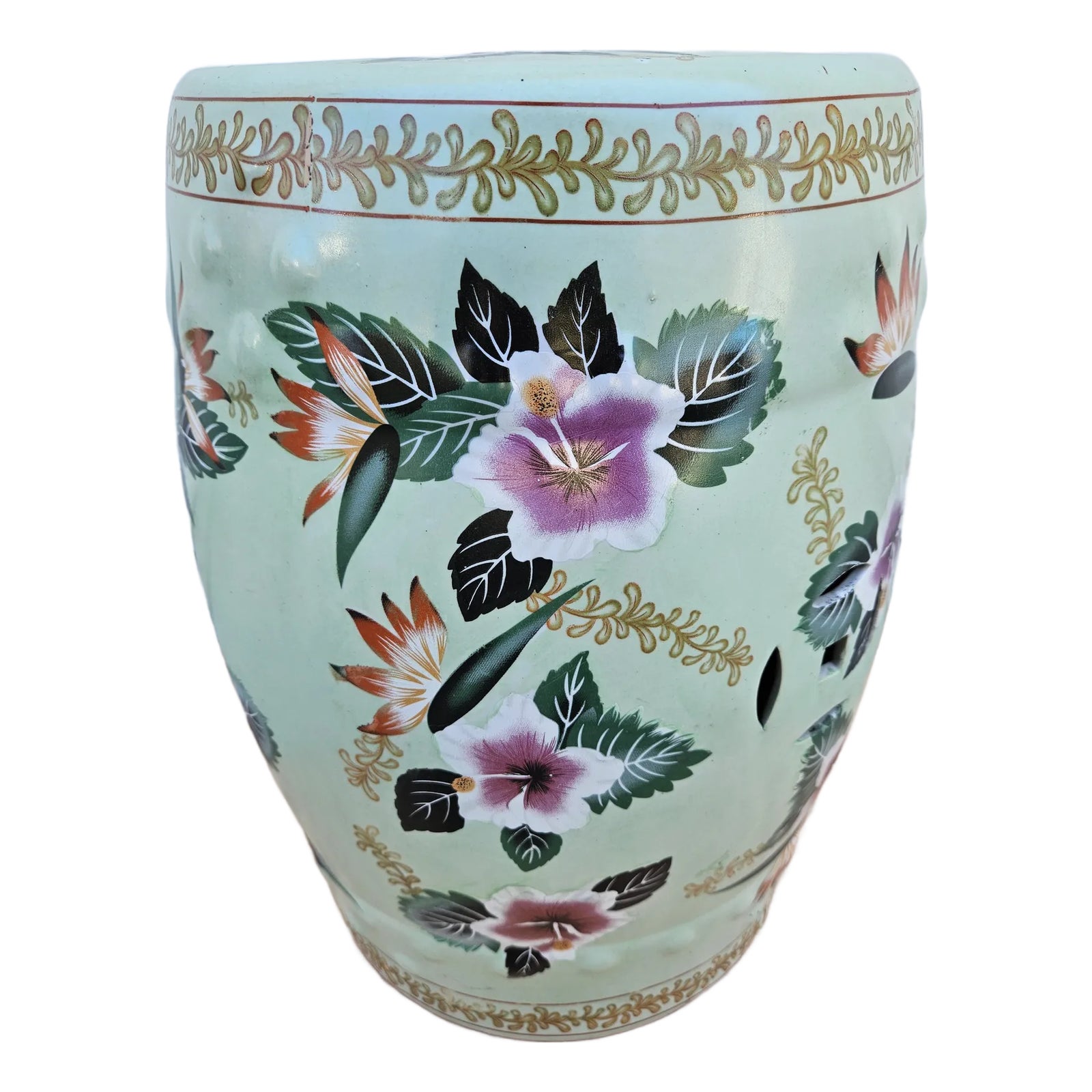 Mint Green Floral Chinoiserie Garden Stool | Chairish