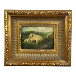 Late 20th Century Vintage Pastoral Landscape Sheep Lamb Landscape Oil Painting on Board 13", Framed For Sale