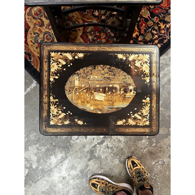 Antique Chinese Export Black Lacquer & Gilt Quartetto Nesting Tables For Sale - Image 4 of 6