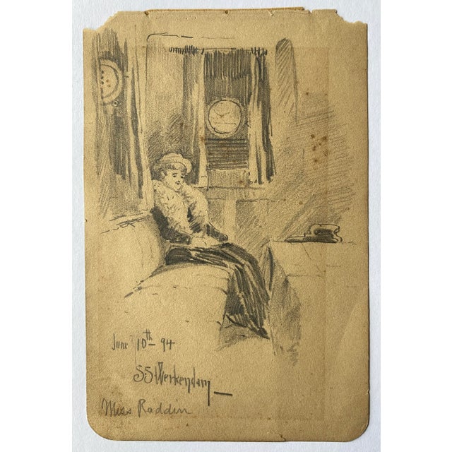 1894 drawing of Miss Raddin aboard a voyage of the SS Werkendam, a ship in the Holland America Line. This would have been...