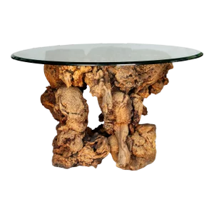 Large, Mid-Century Modern Console Root Table With 1" Thick Glass Top