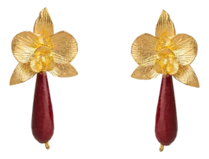 Orchid Flame Red Agate Gold Earrings, A Pair