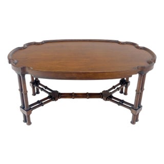 Faux Bamboo Walnut Oval Shield Shape Compact 37" Long Coffee Side Table For Sale