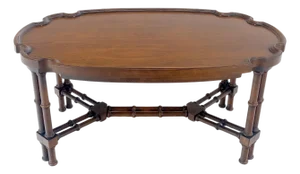 Faux Bamboo Walnut Oval Shield Shape Compact 37" Long Coffee Side Table