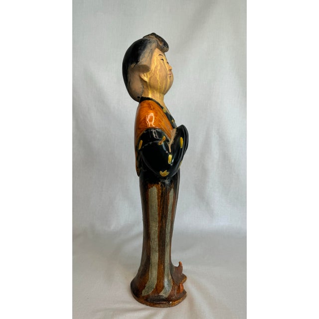 Late 20th Century Vintage Asian Female Chinese Tang Dynasty Figurine in Black, Orange and Tan For Sale - Image 5 of 9