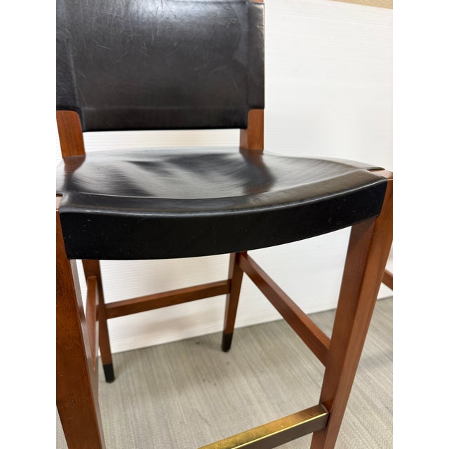 Walnut Wood + Black Leather Bar Stools, Pair For Sale - Image 4 of 12