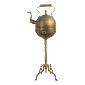 Antique Moroccan Brass Tea Kettle Pot on Stand 1930