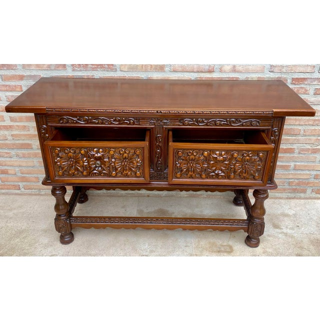 Brown Spanish Carved Wood Sideboard With Floral Decoration, Mid-20th Century For Sale - Image 8 of 18