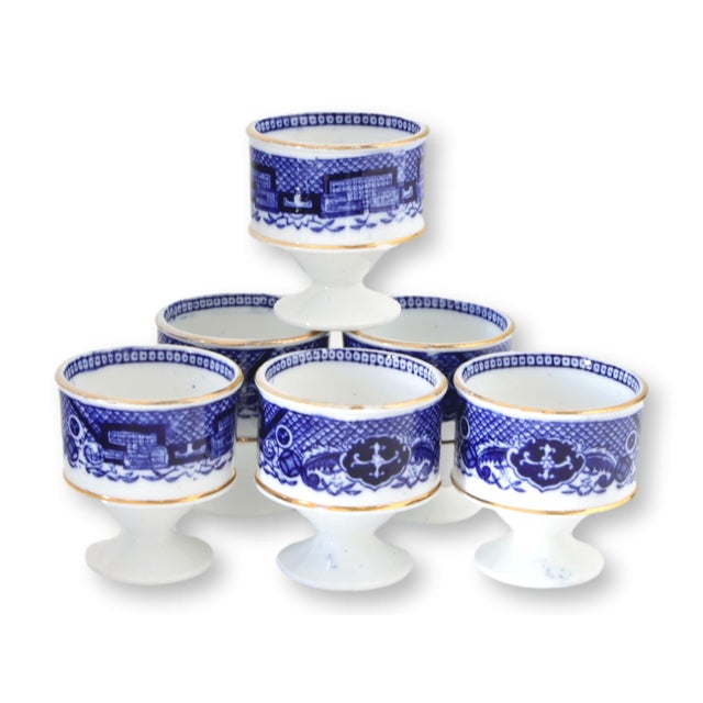 English Antique English Willow Porcelain 6 Egg Cup Set w/ Handled Stand For Sale - Image 3 of 6