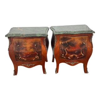 Late 20th Century Pair of Cocktail Chests in French Style W/ Green Marble Tops For Sale
