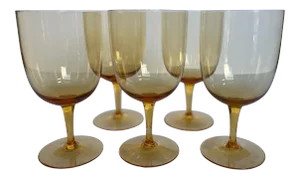 Mid Century Hand Blown Amber Glasses - Set of 5