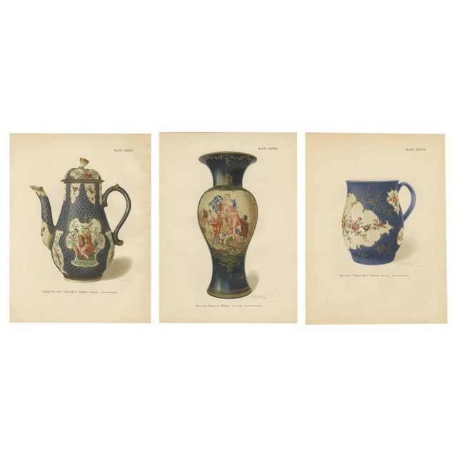 J. H. Thorpe, Worcester Porcelain Blue-Ground Vase, Coffee Pot and Mug, 1910, Chromolithographs on Paper, Set of 3 For Sale - Image 6 of 6