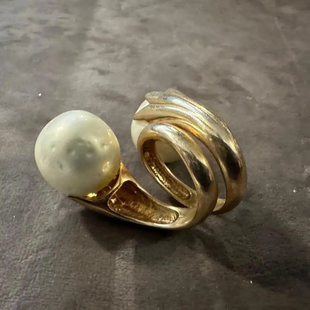 Gold 1990s Gilded Sterling Silver and Natural Pearl Sculptured Huge Italian Ring For Sale - Image 8 of 9